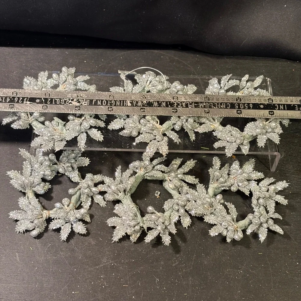 Silver Glitter Berry Leaf Napkin Rings Set of 6 Holiday Christmas Table Decor